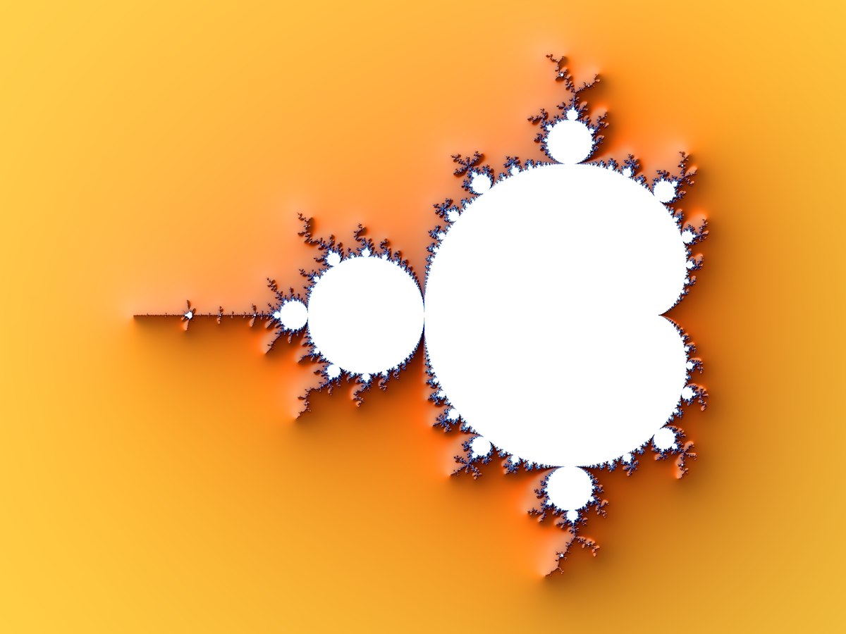 The Mandelbrot set rendered in white with a blue fringe, lit against a warm orange and yellow field.